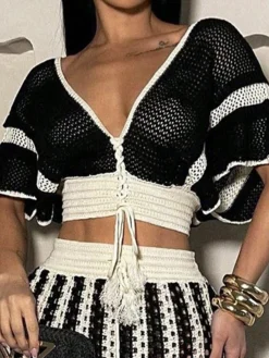 Urban Color Block Lace-up V Neck Knit Top