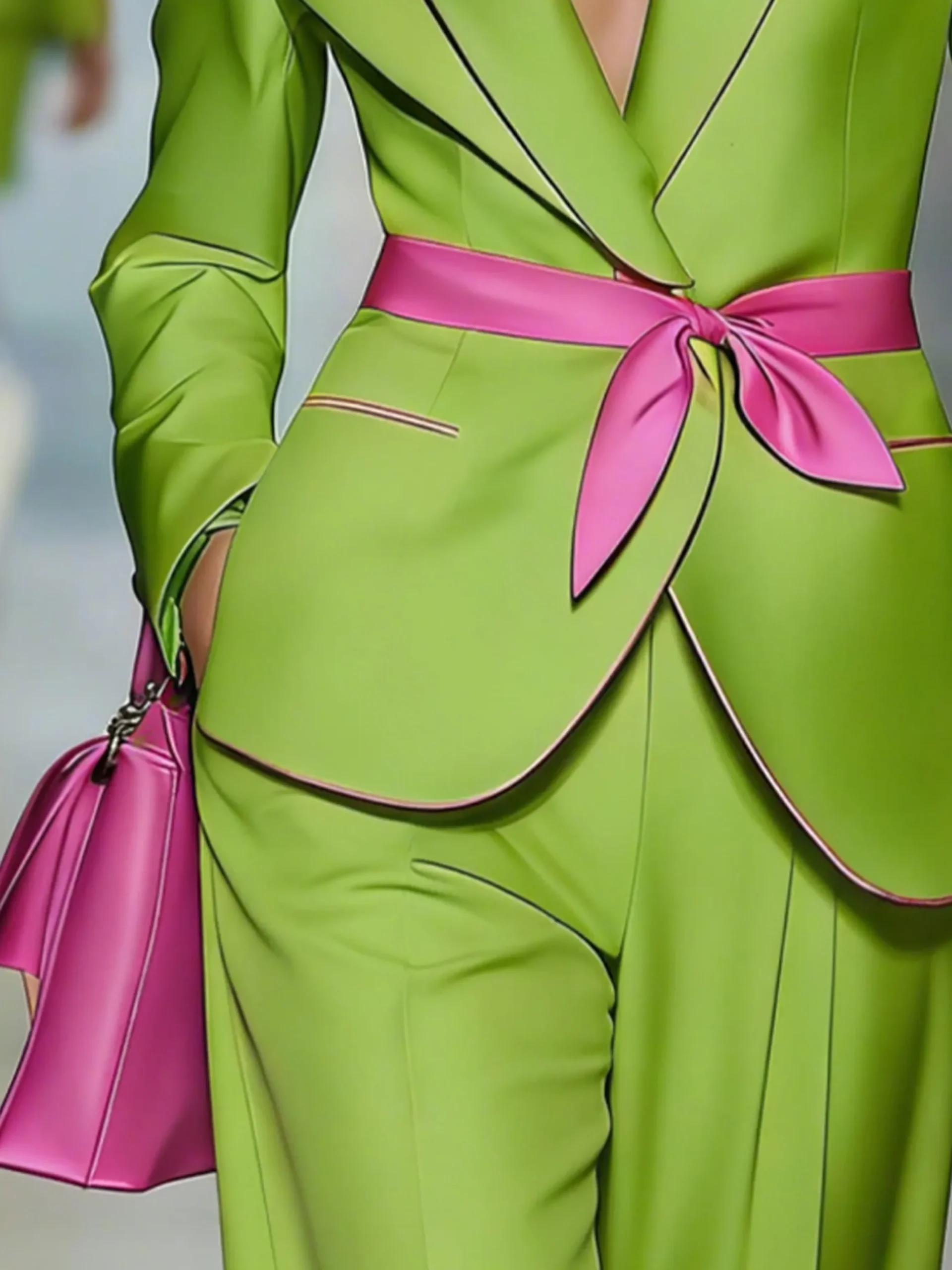 Urban Color Block Lapel Collar Blazer With Belt