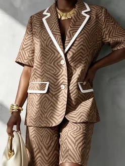 Urban Color Block Lapel Collar Short Sleeve Blazer
