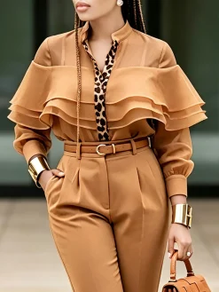 Urban Color Block Leopard Folds Stand Collar Shirt