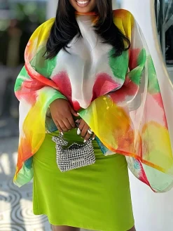 Urban Color Block Printing Boat Neck Blouse