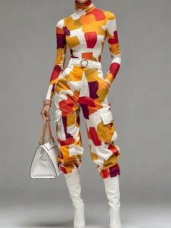 Urban Colorblock Printing Cargo Pants No Belt