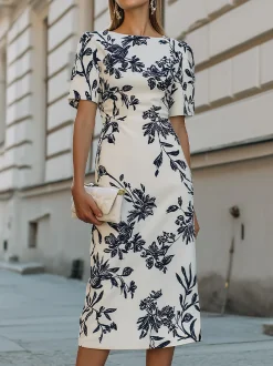 Urban Color Block Printing Floral Boat Neck Midi Dress