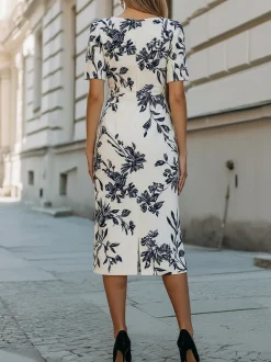 Urban Color Block Printing Floral Boat Neck Midi Dress