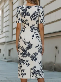 Urban Color Block Printing Floral Boat Neck Midi Dress