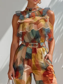 Urban Color Block Printing Peplum Mock Neck Blouse