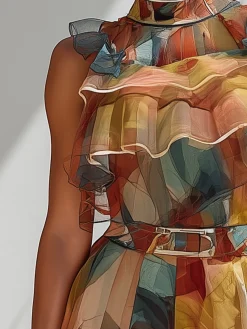 Urban Color Block Printing Peplum Mock Neck Blouse
