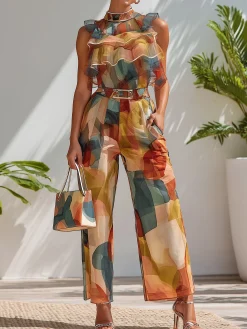 Urban Color Block Printing Peplum Mock Neck Blouse