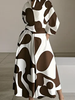 Urban Color Block Printing Shirt Collar Midi Dress