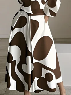 Urban Color Block Printing Shirt Collar Midi Dress