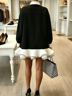 Urban Color Block Split Joint Shirt Collar Mini Dress With Tie