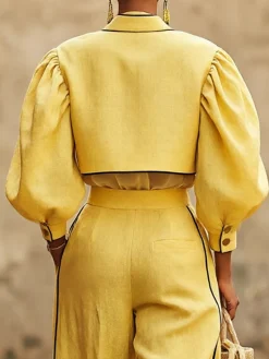 Urban Color Block Stand Collar Cotton And Linen Jacket