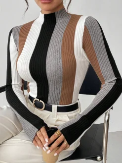Urban Color Block Stand Collar Sweater