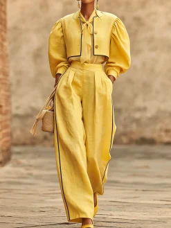 Urban Color Block Straight Cotton And Linen Pants