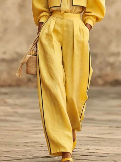 Urban Color Block Straight Cotton And Linen Pants