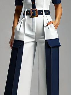 Urban Color Block Straight Pants With Belt
