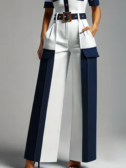 Urban Color Block Straight Pants With Belt