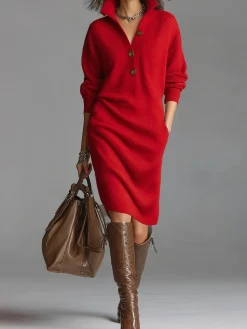 Urban Cozy Buttoned Shawl Collar Sweater Midi Dress