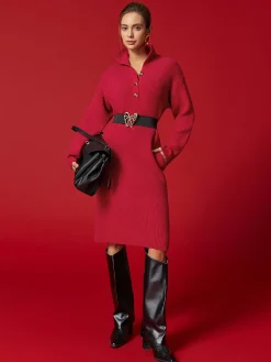 Urban Cozy Buttoned Shawl Collar Sweater Midi Dress