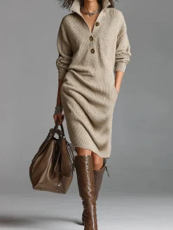 Urban Cozy Buttoned Shawl Collar Sweater Midi Dress