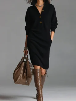 Urban Cozy Buttoned Shawl Collar Sweater Midi Dress
