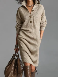 Urban Cozy Buttoned Shawl Collar Sweater Midi Dress