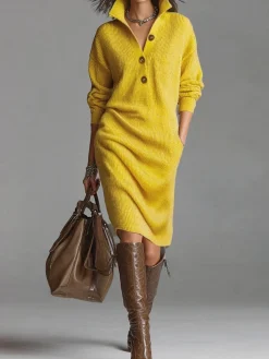 Urban Cozy Buttoned Shawl Collar Sweater Midi Dress