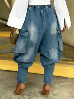 Urban Distressed Harem Jeans Elastic Waist Cargo Pocket Baggy Denim