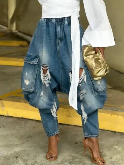 Urban Distressed Harem Jeans Elastic Waist Cargo Pocket Baggy Denim
