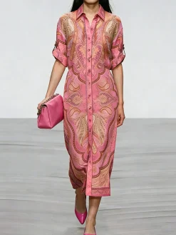 Urban Ethnic Buttoned Shirt Collar Midi Dress