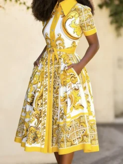 Urban Ethnic Print Tailored Midi Shirt Dress With Belt