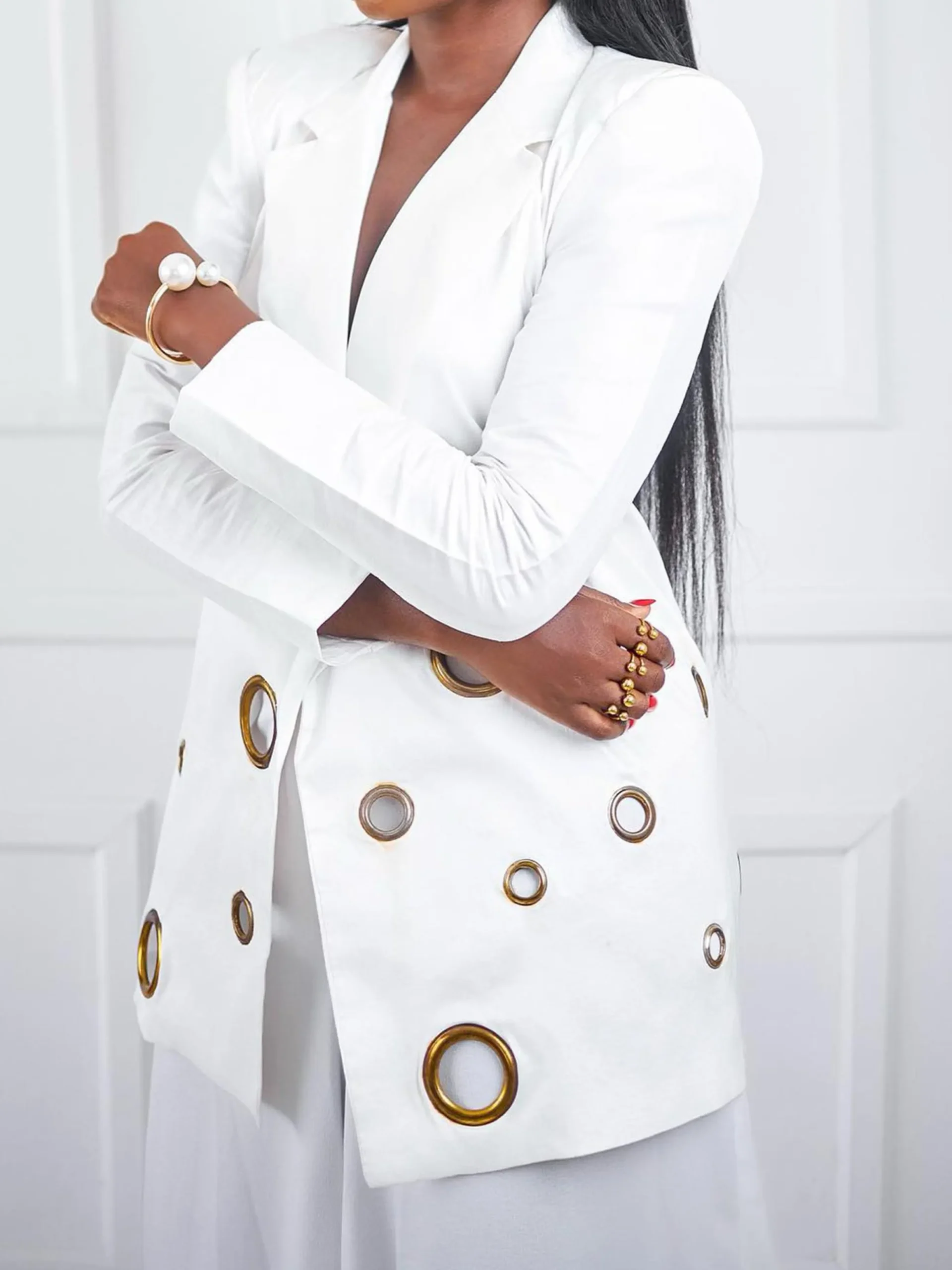 Urban Eyelet Plain Lapel Collar Blazer