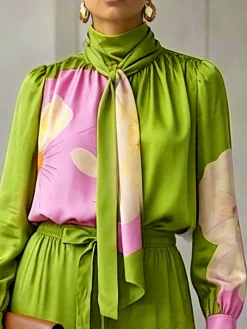 Urban Floral Bow Printing Mock Neck Blouse