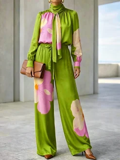 Urban Floral Bow Printing Mock Neck Blouse