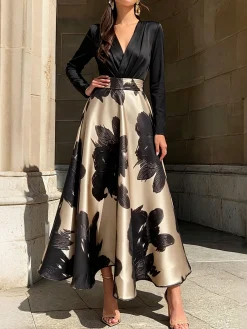 Urban Floral Color Block Cross Neck Midi Dress