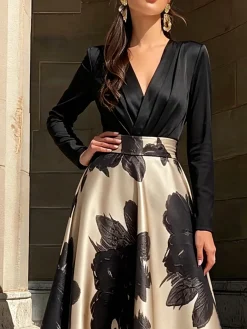 Urban Floral Color Block Cross Neck Midi Dress