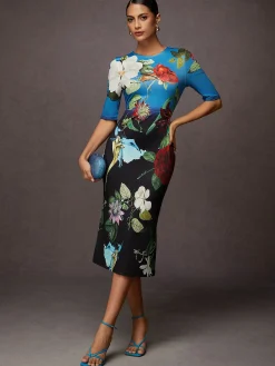 Urban Floral Printing Crew Neck Midi Dress