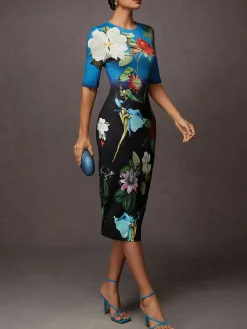 Urban Floral Printing Crew Neck Midi Dress