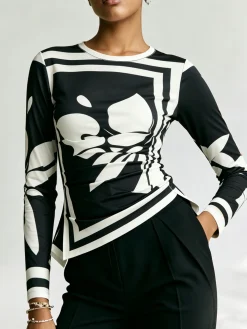 Urban Floral Printing Irregular Craftsmanship Ruched Color Block T-shirt