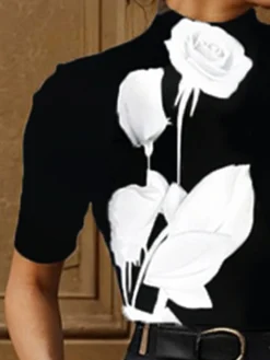 Urban Floral Printing Stand Collar T-shirt
