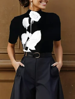 Urban Floral Printing Stand Collar T-shirt