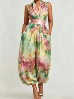 Urban Floral V Neck Jumpsuit With Belt