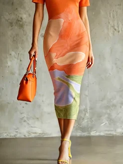 Urban Geometric Color Block Floral Buttoned Midi Dress