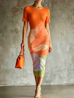 Urban Geometric Color Block Floral Buttoned Midi Dress