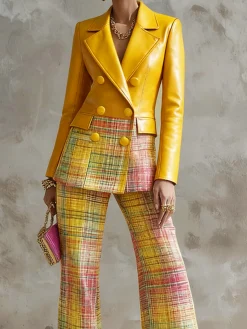 Urban Geometric Plaid Faux Leather Lapel Coat
