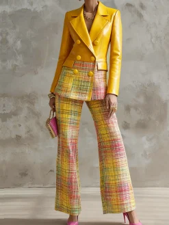Urban Geometric Plaid Faux Leather Lapel Coat