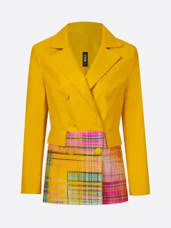 Urban Geometric Plaid Faux Leather Lapel Coat
