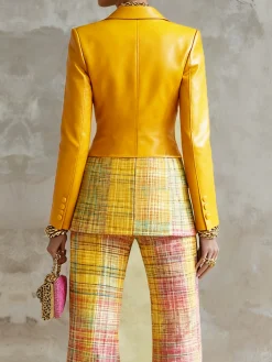 Urban Geometric Plaid Faux Leather Lapel Coat
