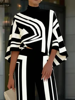 Urban Geometric Printing Stand Collar Blouse