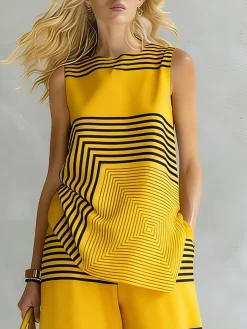 Urban Geometric Stripe Sleeveless Top Loose Fit Lightweight Daily